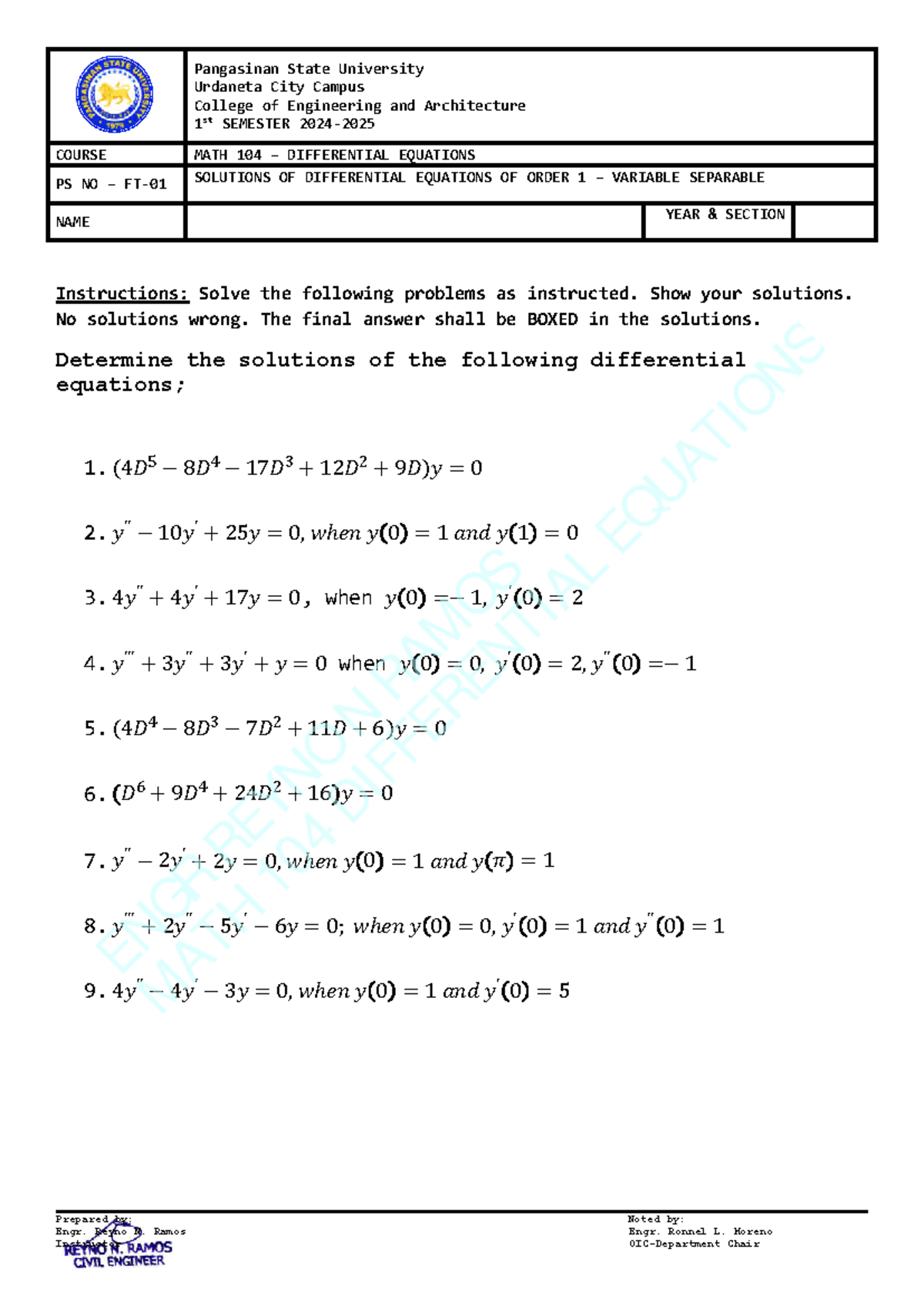 MATH 104 Problem SET NO FT 01 - Prepared by: Noted by: Engr. Reyno N ...