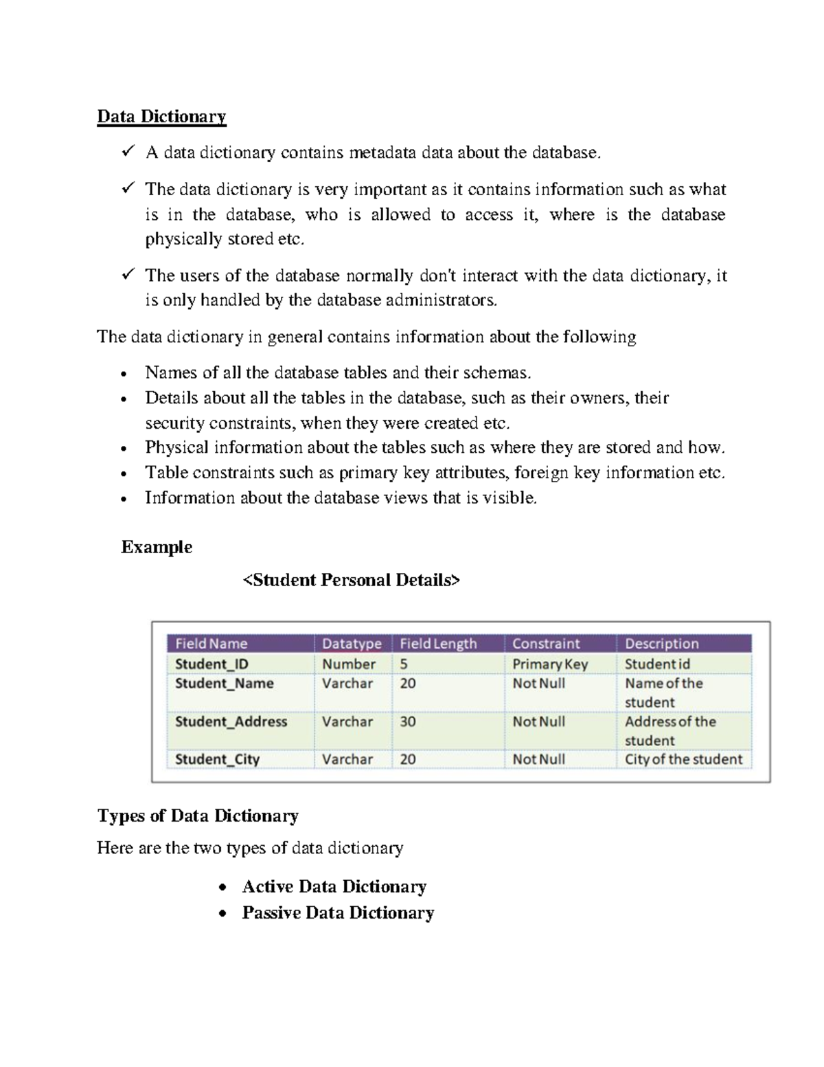 4.Data Dictionary - Data Dictionary A data dictionary contains metadata ...