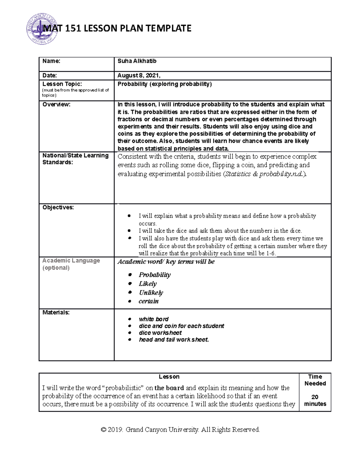 MAT 151 Lesson Plan Template - MAT 151 LESSON PLAN TEMPLATE Name: Suha ...