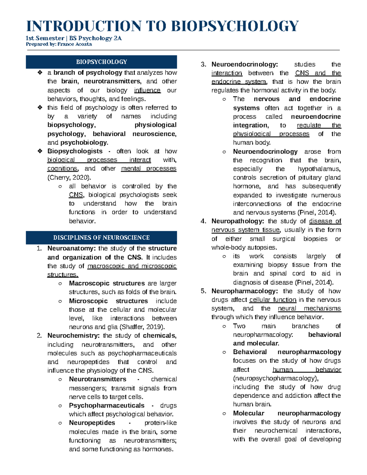 Biopsychhhh- Transessssss - INTRODUCTION TO BIOPSYCHOLOGY 1 st Semester ...