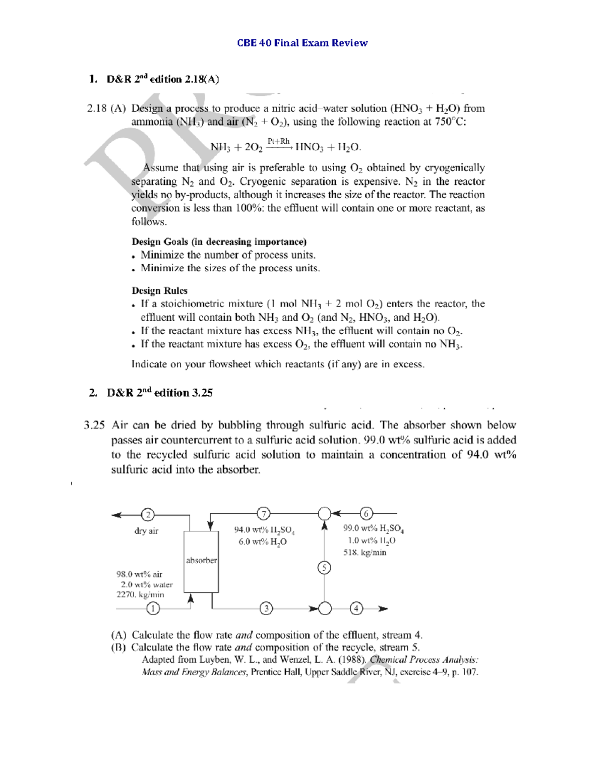 CBE 40 Final Exam Review Problems - 1. D&R 2nd Edition 2(A) 2. D&R 2nd ...