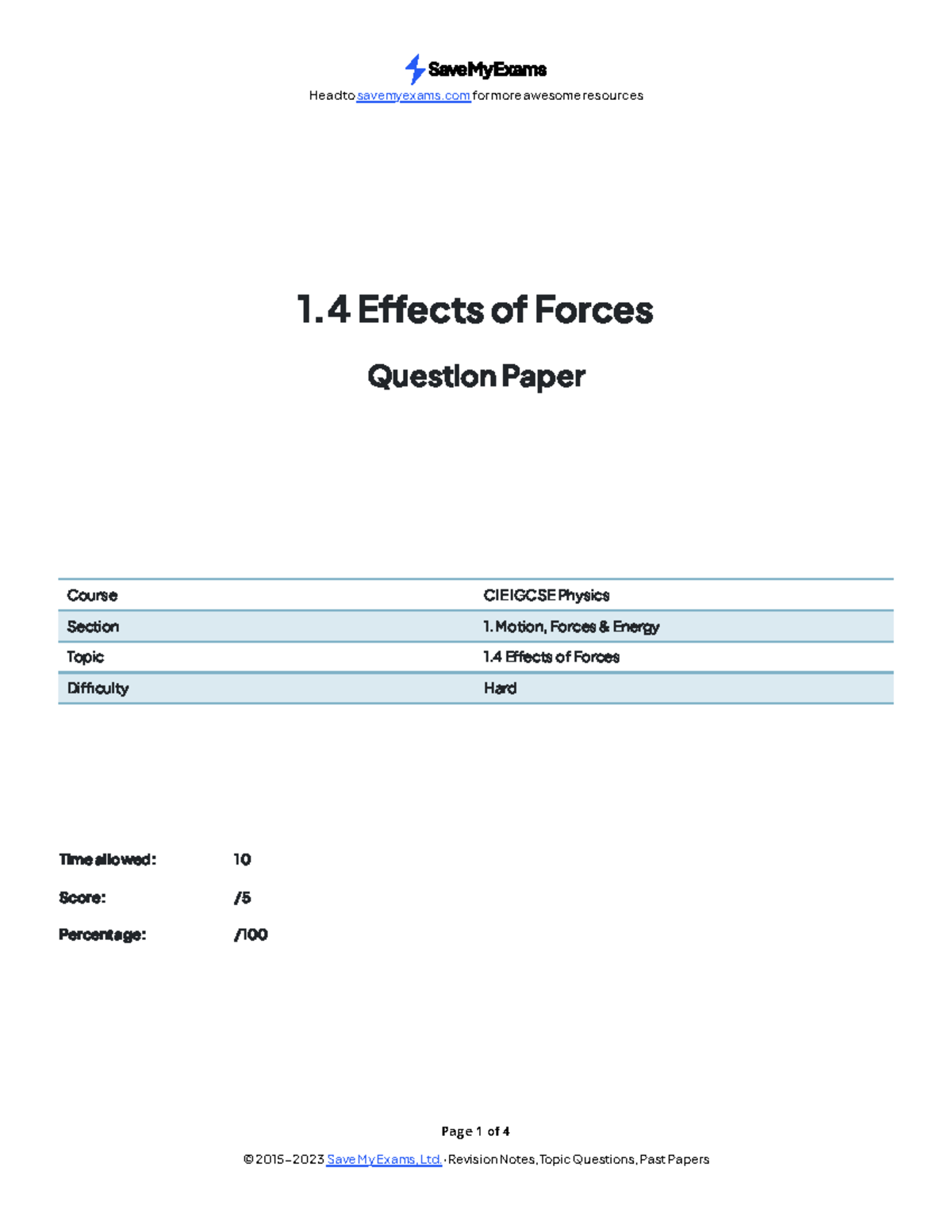 H Yr-m41Ze INTB~Hs - mnnn - Page 1 of 4 1 Eects of Forces Question ...