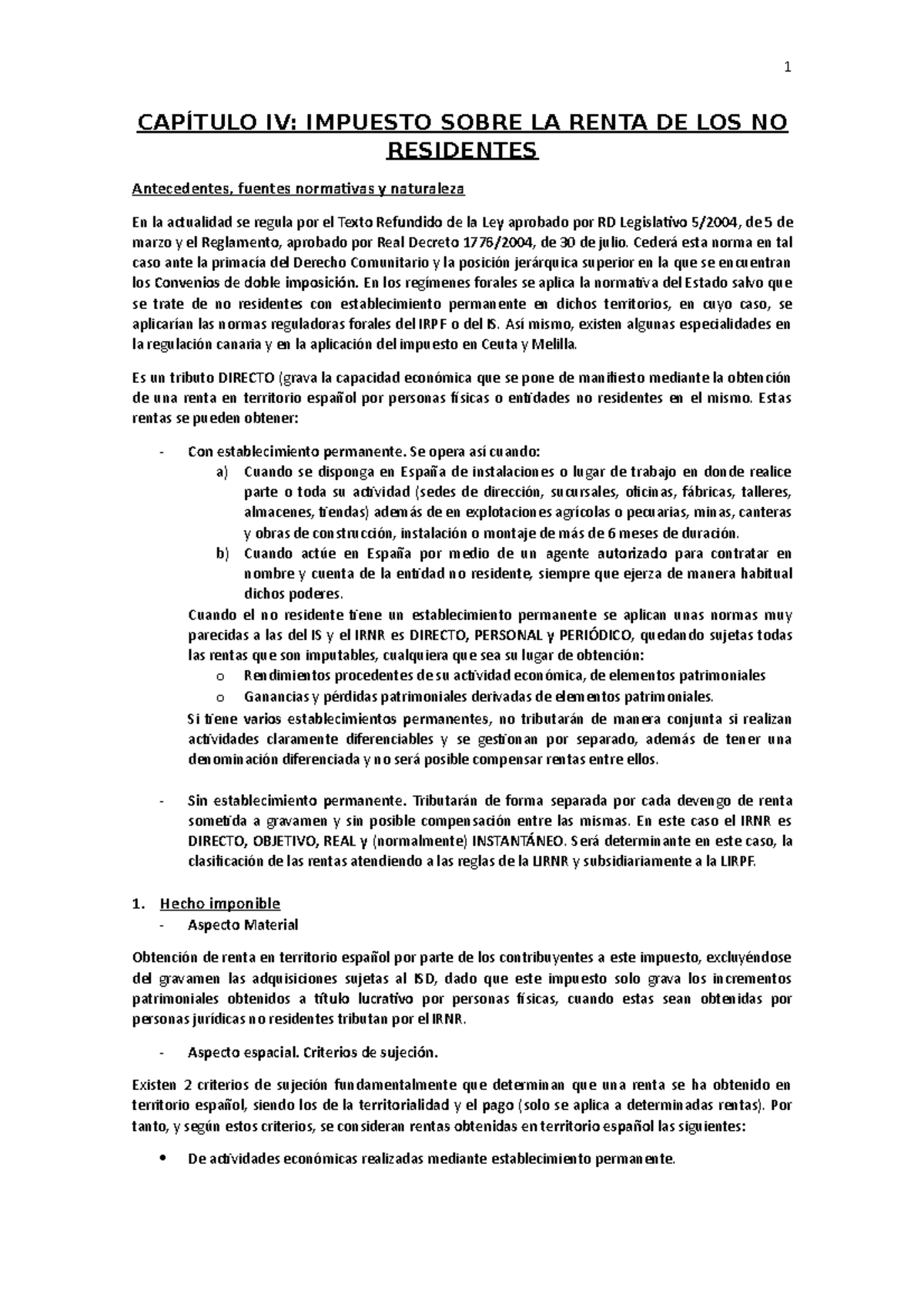IRNR - Resumen - CAPÍTULO IV: IMPUESTO SOBRE LA RENTA DE LOS NO ...