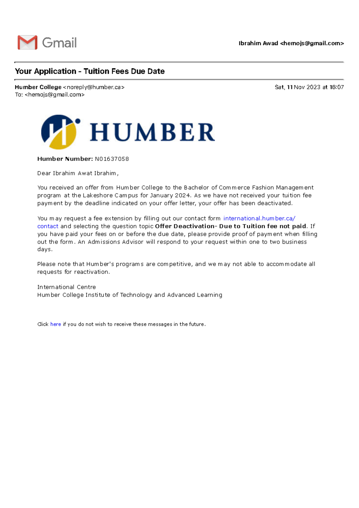 Humber deactivated letter - Ibrahim Awad Your Application - Tuition ...