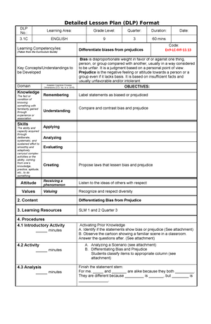 COT DLP BIASvs Prejudice - Detailed Lesson Plan (DLP) Format DLP No ...