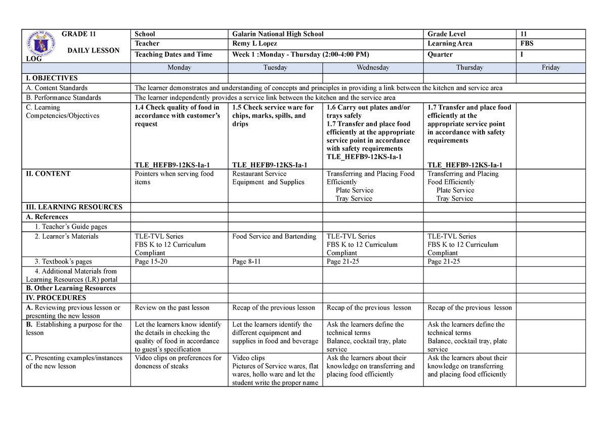 Week 3 - FBS - GRADE 11 DAILY LESSON LOG School Galarin National High ...