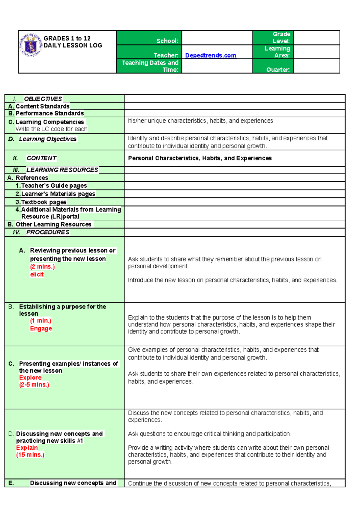 Lesson 3-Identify and describe personal characteristics, habits, and ...