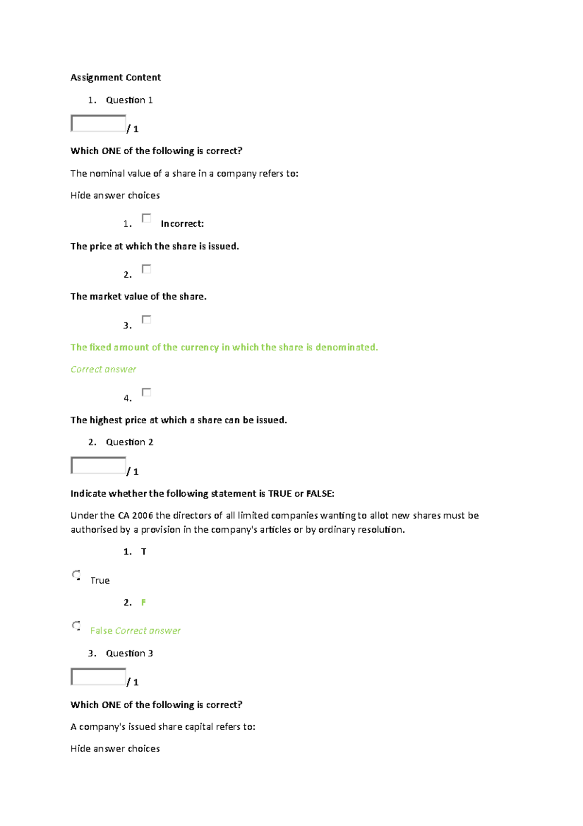 Test Content - Corporate Finance - Multiple Choice Questions With ...