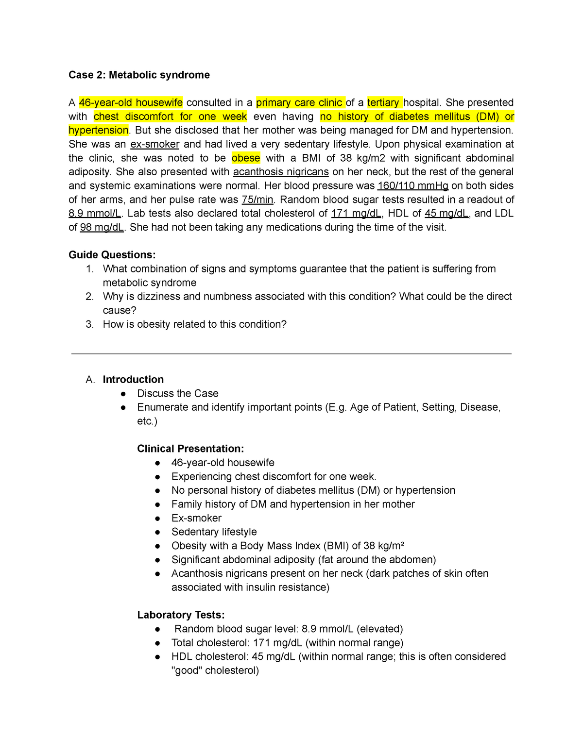 Case 2 Metabolic Syndrome - Case 2: Metabolic syndrome A 46-year-old ...