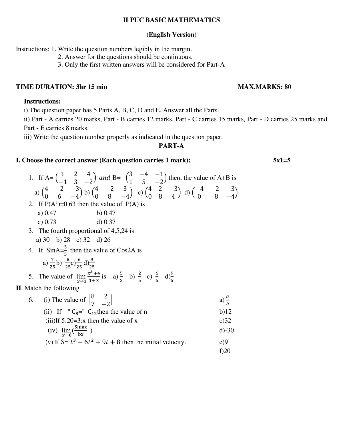 MQP 2024 - for karnataka pu board - II PUC BASIC MATHEMATICS (English ...