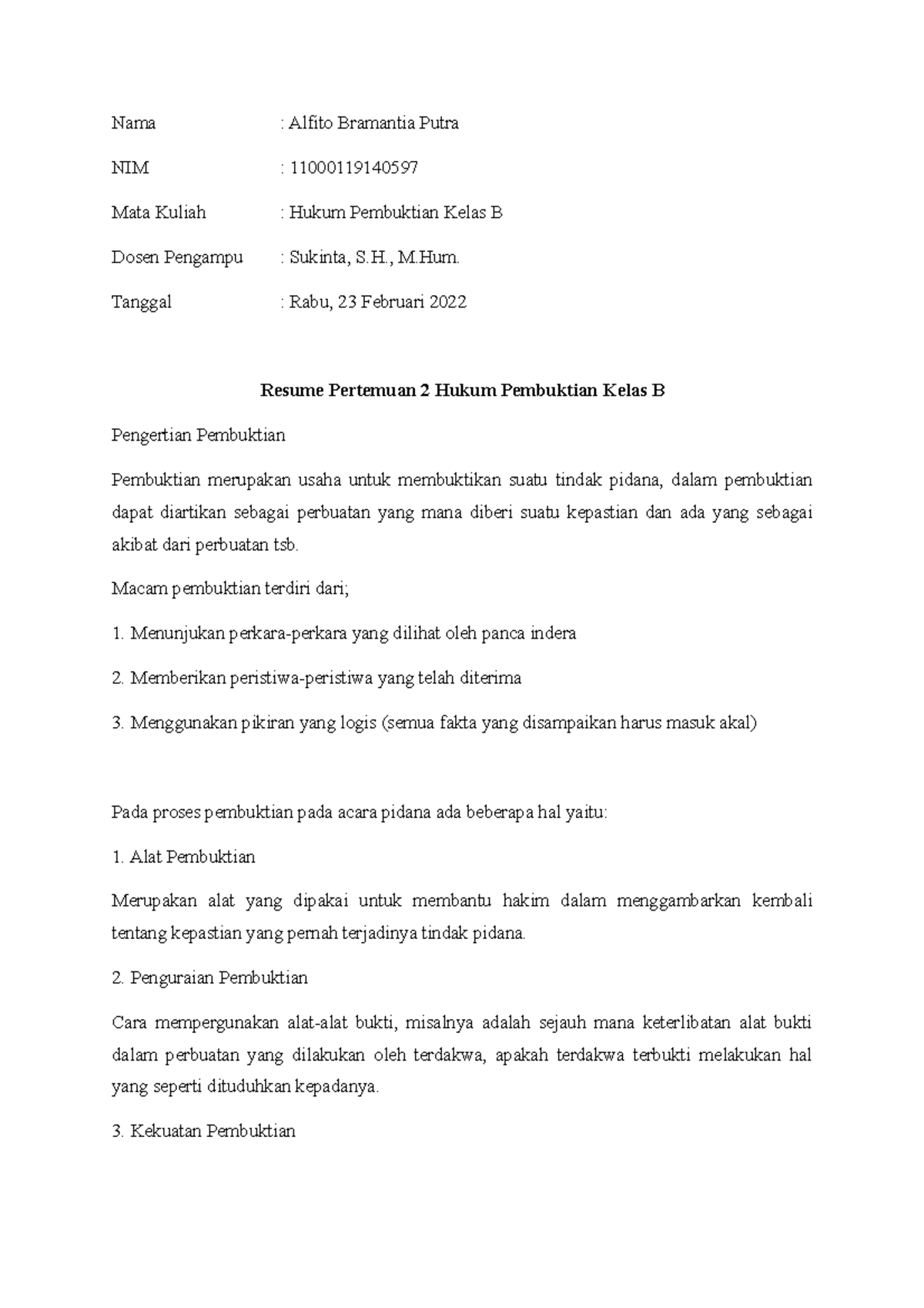 Resume 2 Hukum Pembuktian Kelas B - Nama : Alfito Bramantia Putra NIM ...