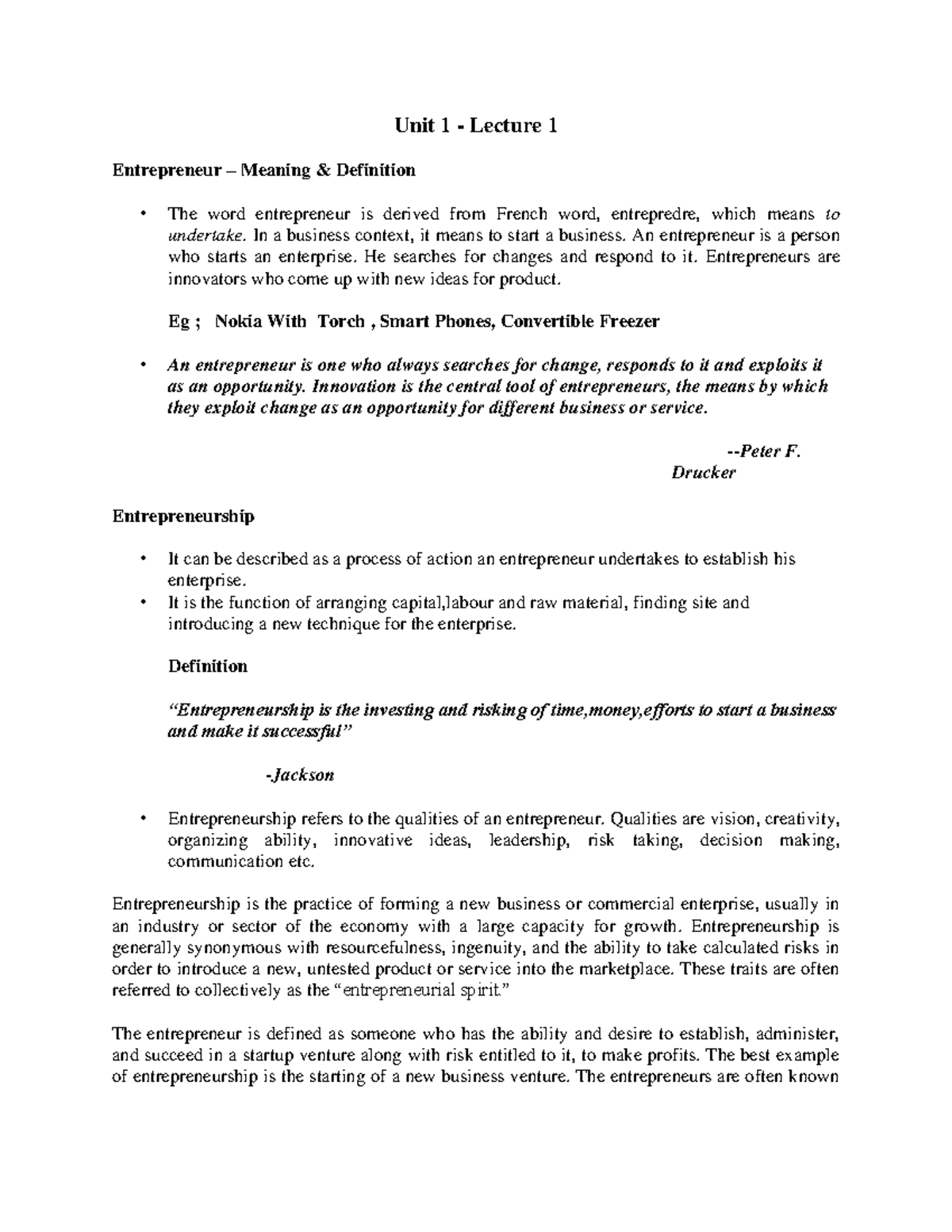 Entrepreneuship - Entrepreneurship devolopment notes - Unit 1 - Lecture ...