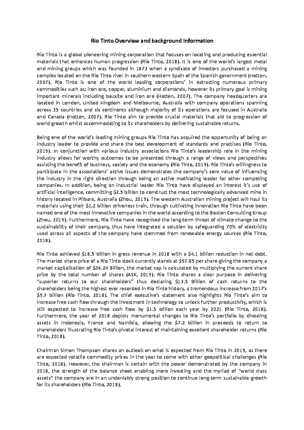 Assignment mid semester - Rio Tinto Overview and background Information ...