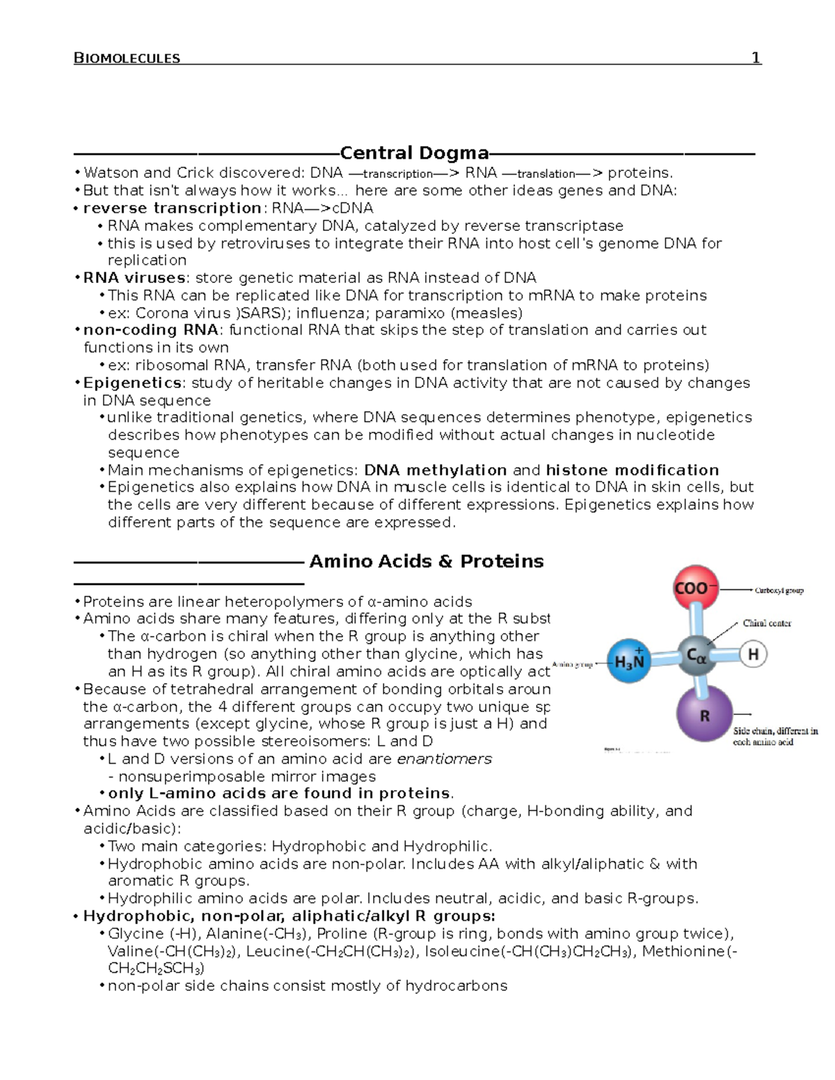 Khan Academy Notes Biomolecules ———————————————Central Dogma——————————————— •Watson and Crick