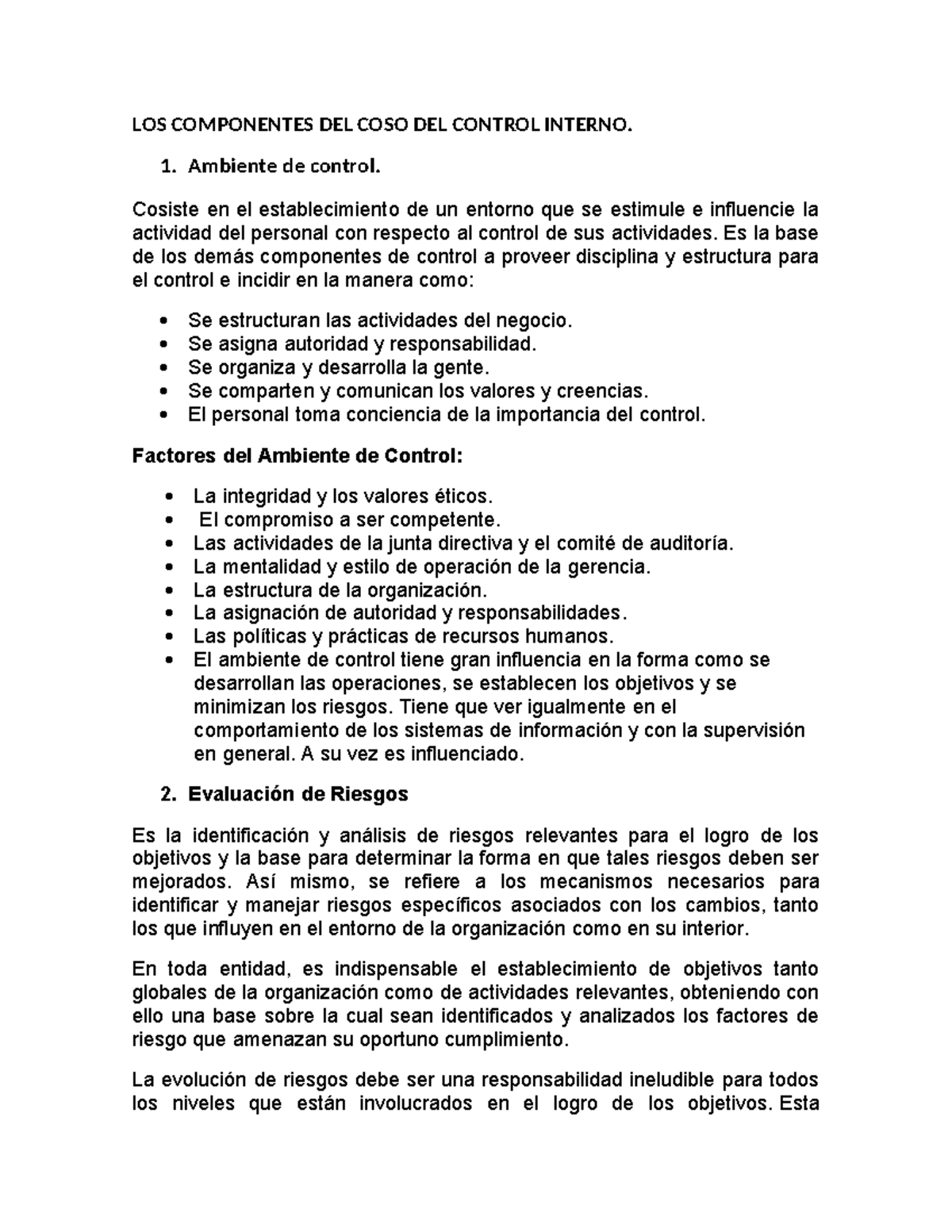 LOS Componentes DEL COSO DEL Control Interno - LOS COMPONENTES DEL COSO ...