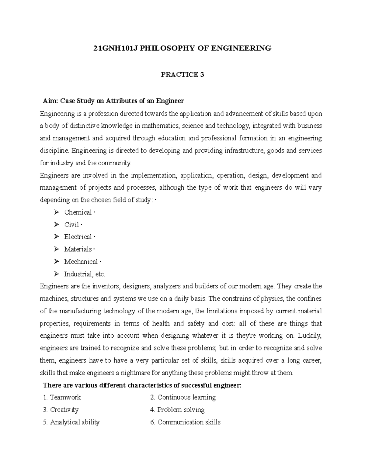 Practice 3 21GNH101J Po E - 21GNH101J PHILOSOPHY OF ENGINEERING ...