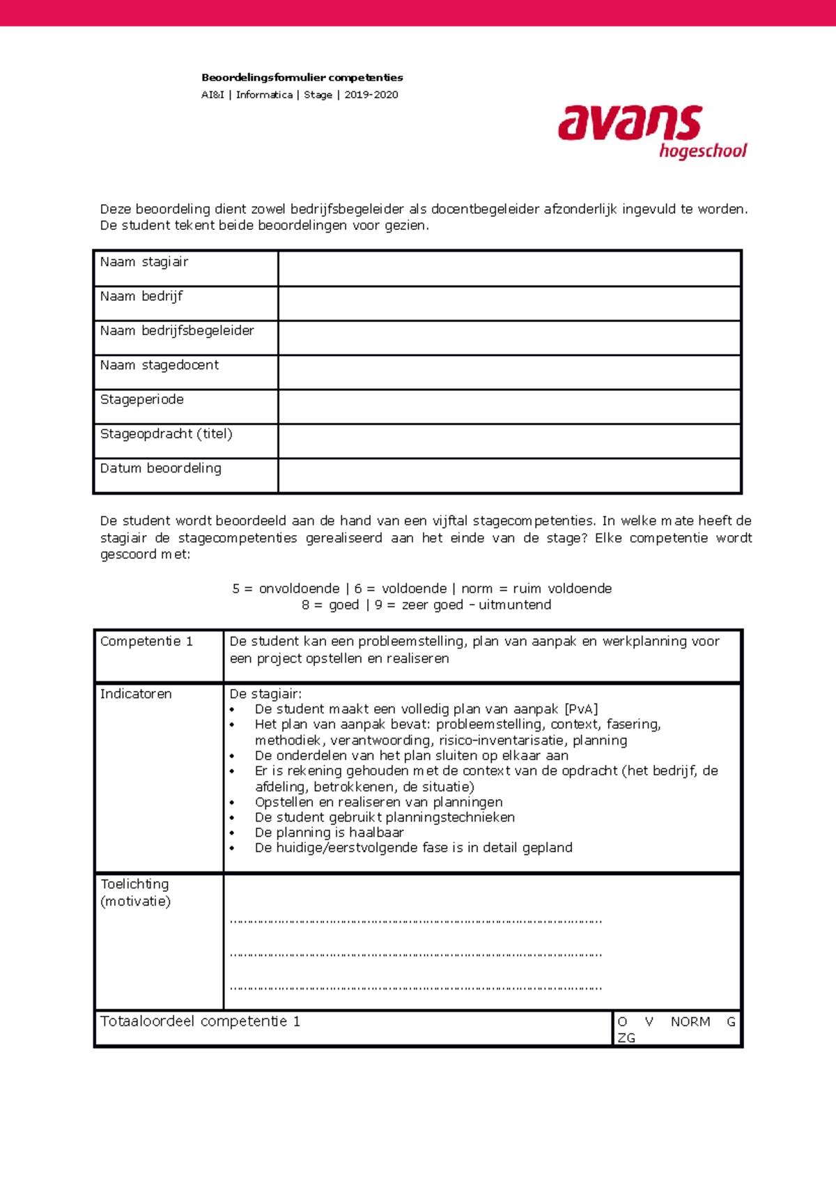 Beoordelingsformulier competenties  AI&I  Informatica  Stage  2019