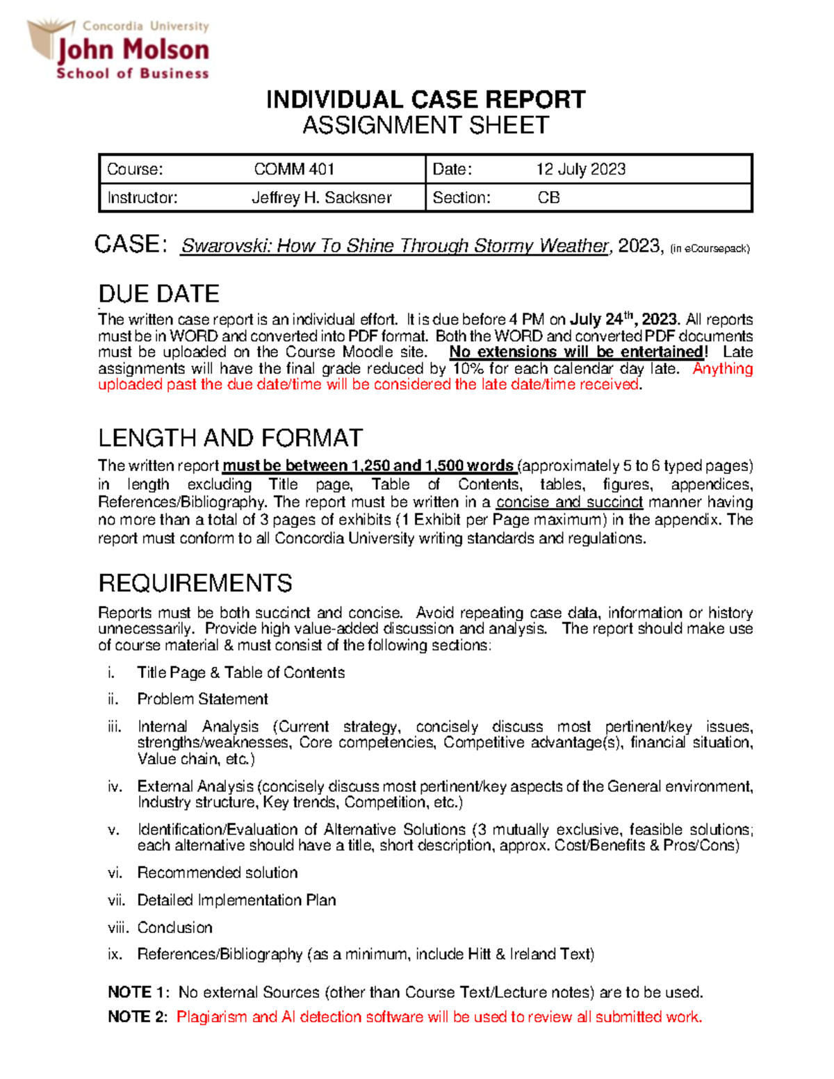 Individual CASE Assignment Sheet - COMM 401 CB S2023 - INDIVIDUAL CASE ...