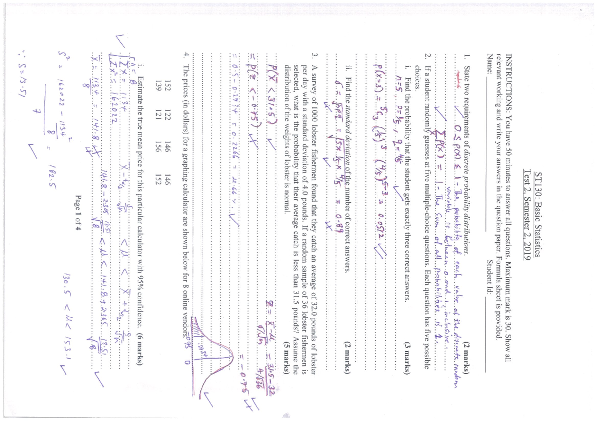 ST130 Test 2 Sol S2 2019 - Revision For Final Exam - Basic Statistics ...