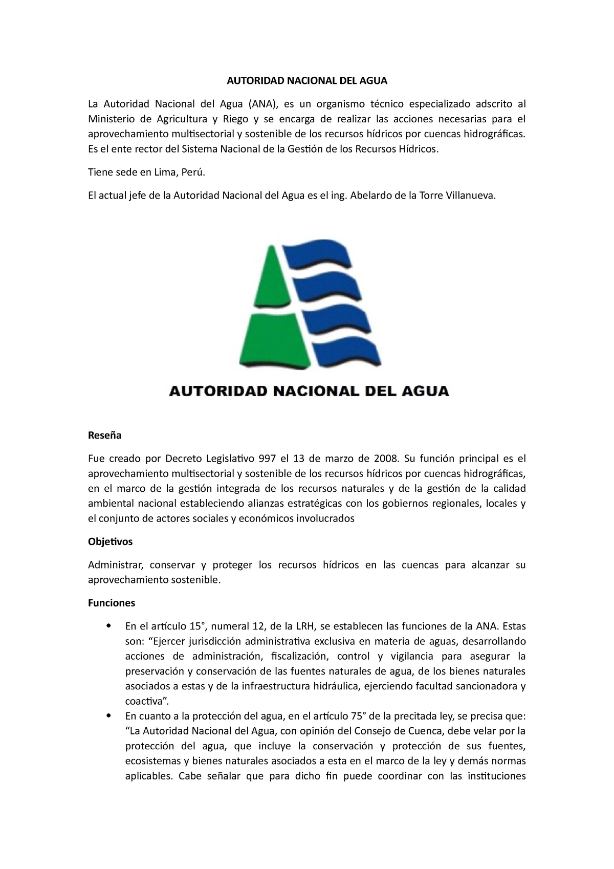 Autoridad Nacional DEL AGUA - AUTORIDAD NACIONAL DEL AGUA La Autoridad ...