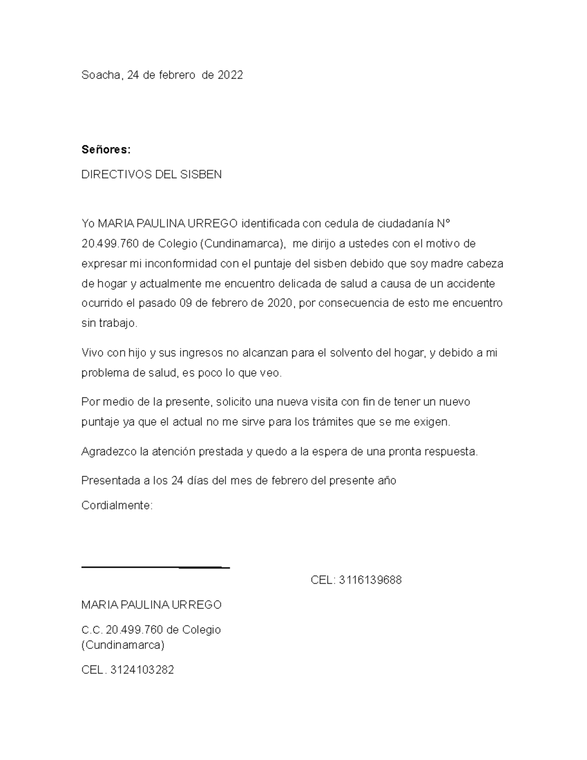 Soacha (1)8+4 - solicitud - Soacha, 24 de febrero de 2022 Señores ...