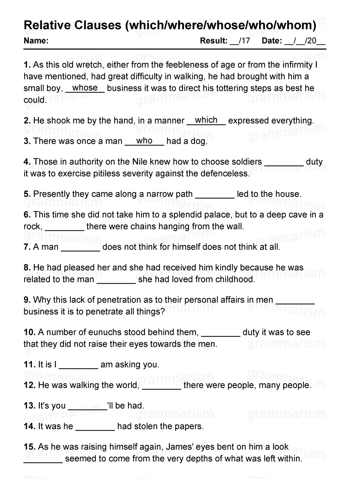 Relative Clauses - Relative Clauses (which/where/whose/who/whom) Name ...