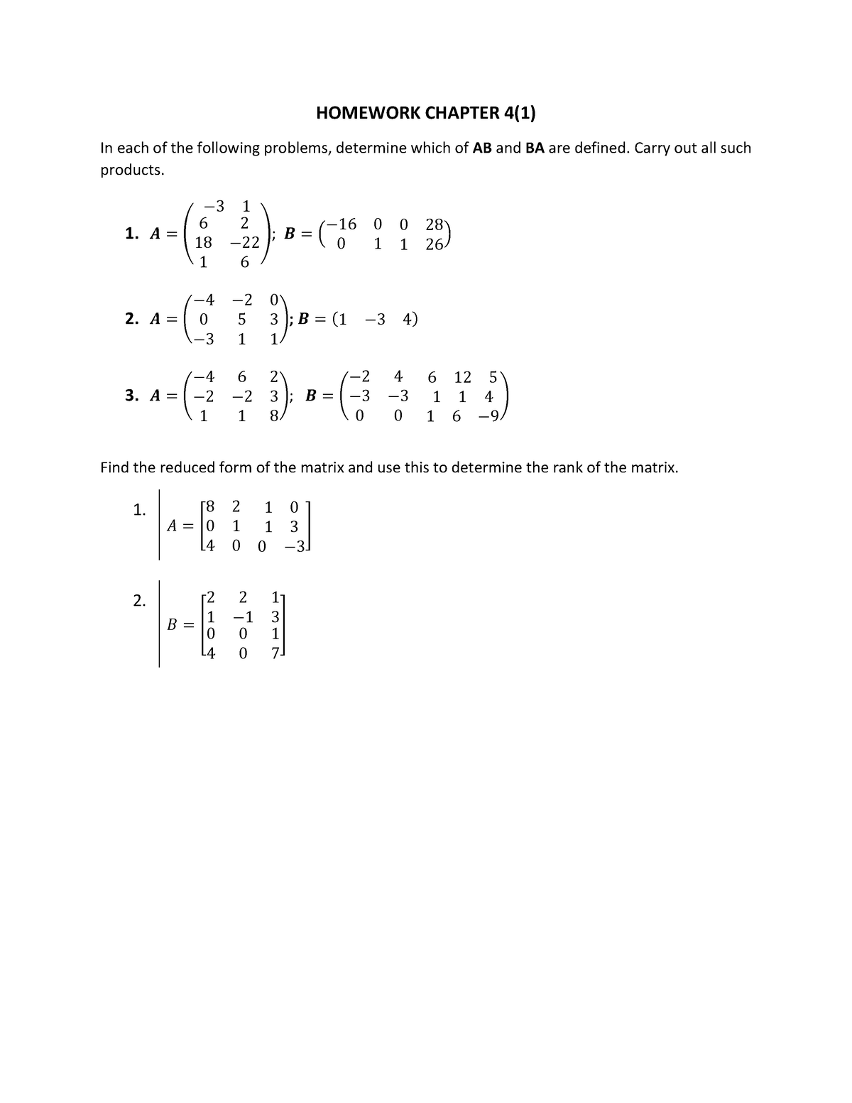 HW Chapter 4 Matrices (1) - (2023 - HOMEWORK CHAPTER 4(1) In Each Of ...