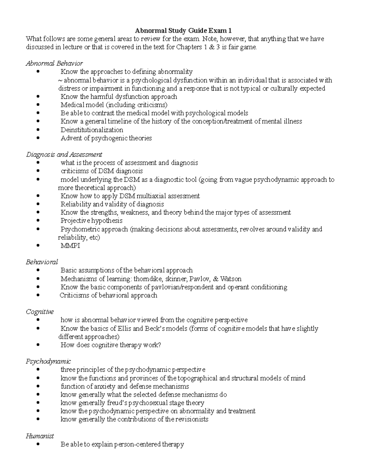 Abnormal Study Guide Exam 1 - Note, however, that anything that we have ...