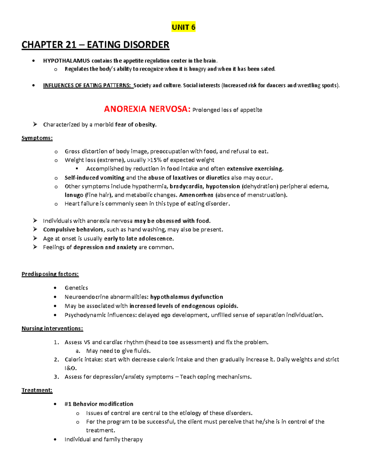 UNIT 6 Mental health UNIT 6 CHAPTER 21 EATING DISORDER
