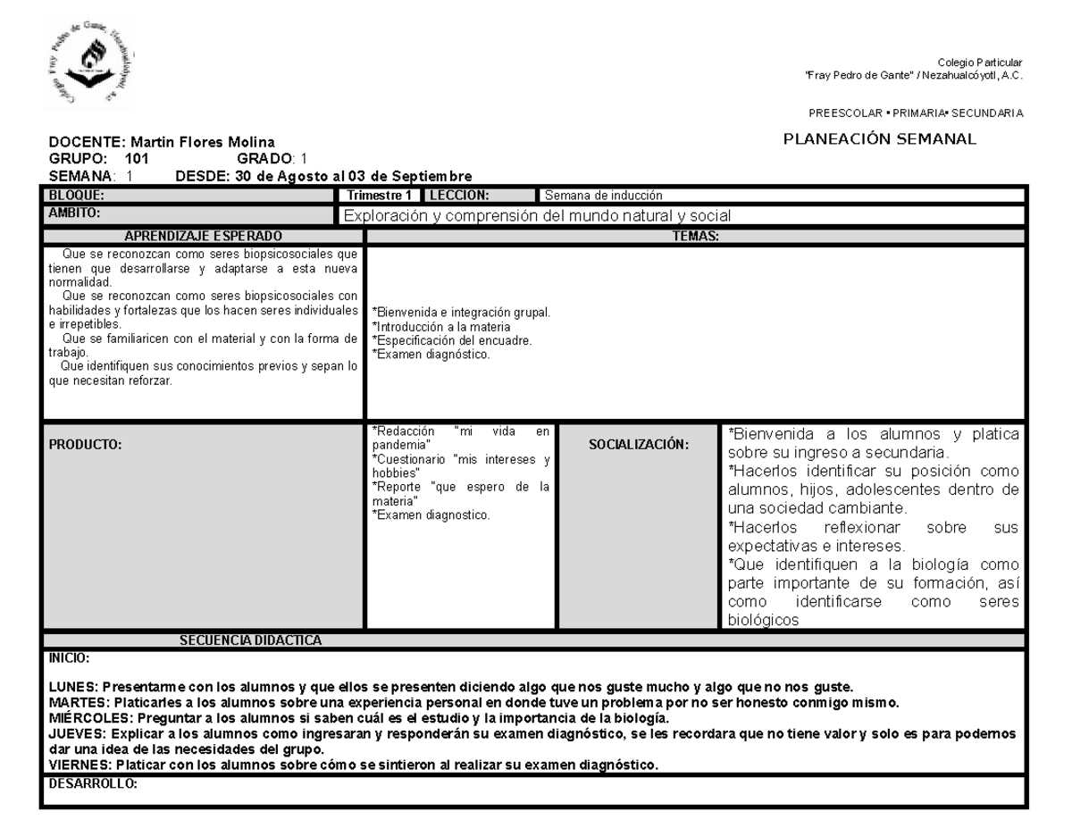 planeacion Biologia secundaria primer trimestre - Colegio Particular