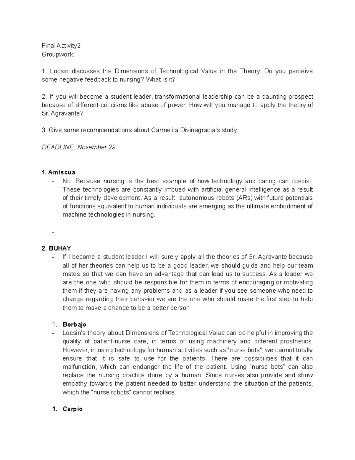 Group 1 - Final Activity 2 - Final Activity Groupwork: Locsin discusses ...