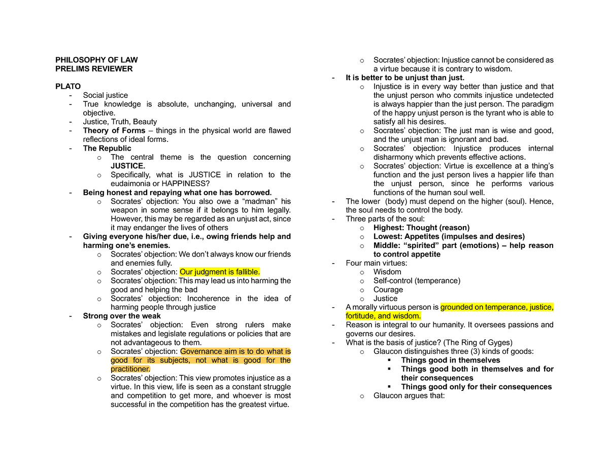 Philosophy OF LAW - PHILOSOPHY OF LAW PRELIMS REVIEWER PLATO Social ...