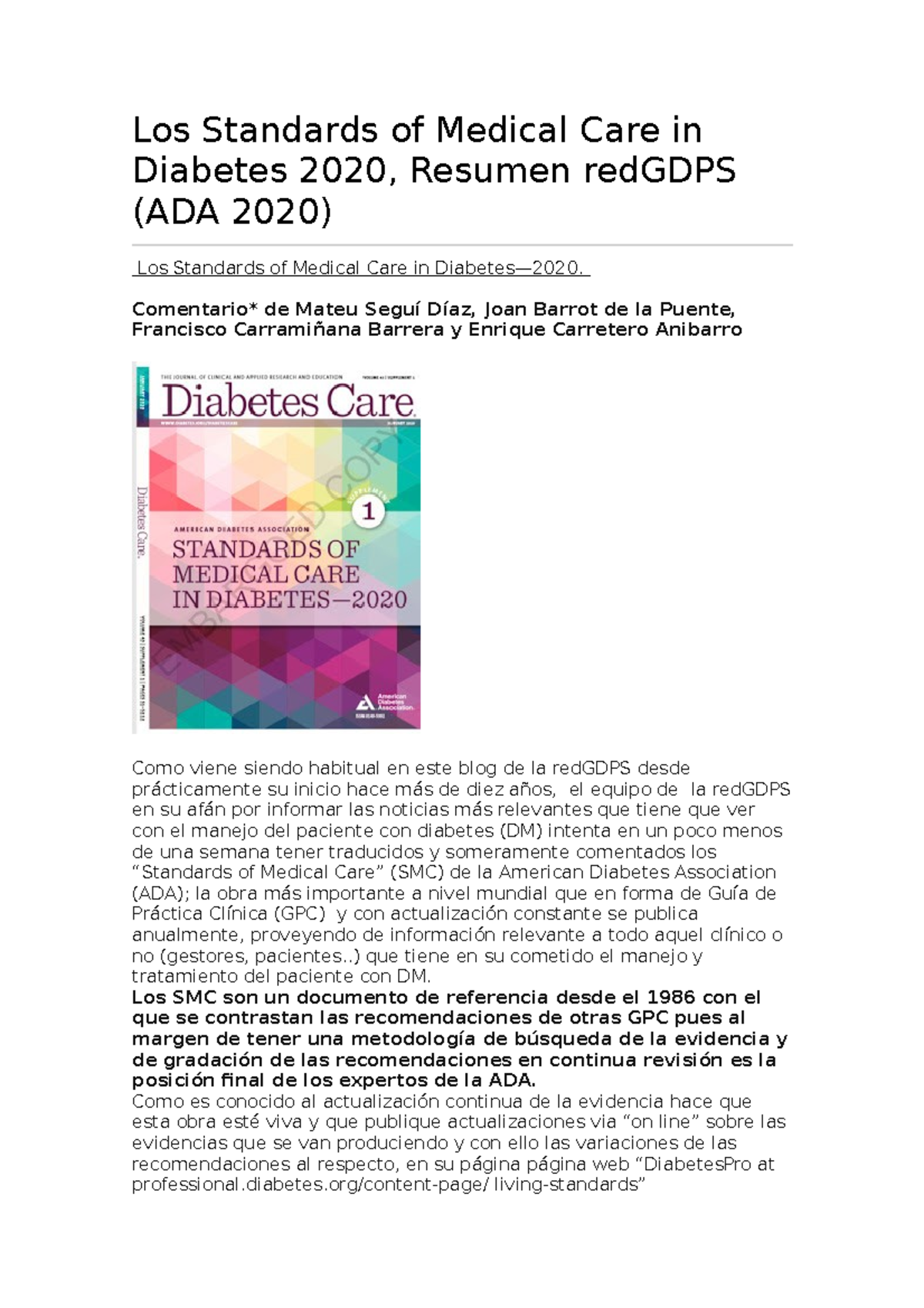 Resumen Diabetes CARE 2020 Redgps - Los Standards of Medical Care in ...