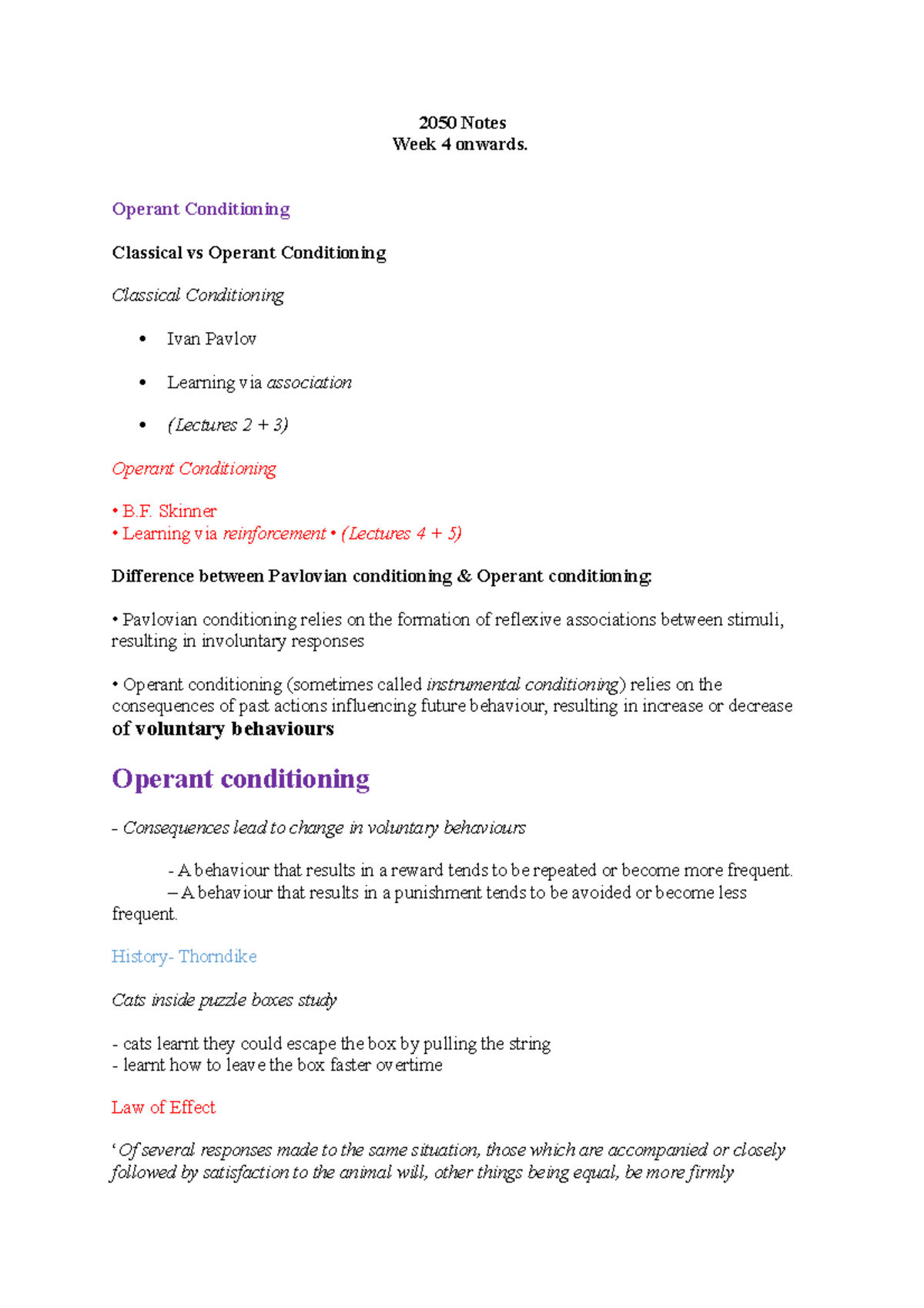 2050 lecture Notes - 2050 Notes Week 4 onwards. Operant Conditioning ...