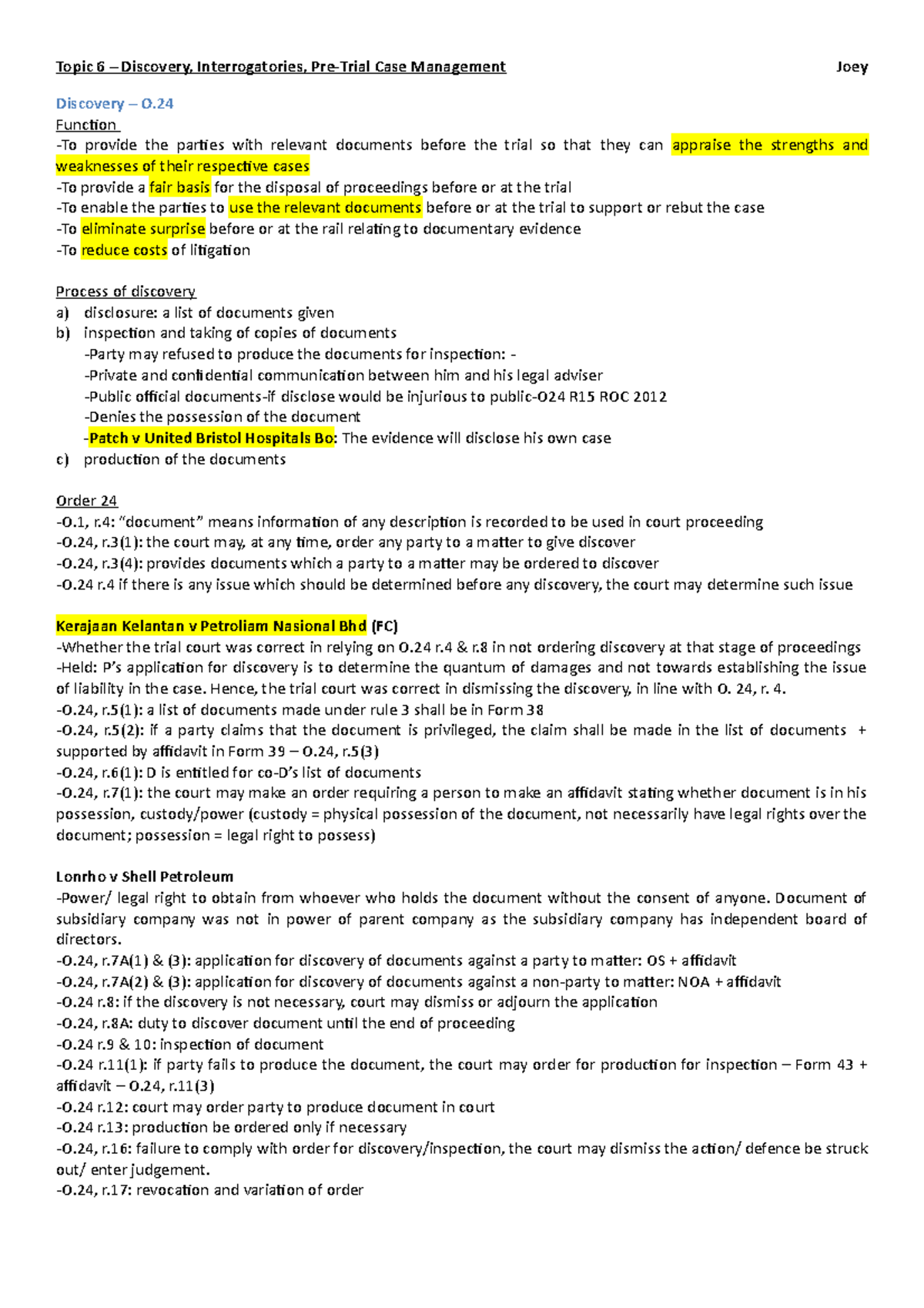 6. PretrialManagement Topic 6 Discovery, Interrogatories, PreTrial Case Management Joey