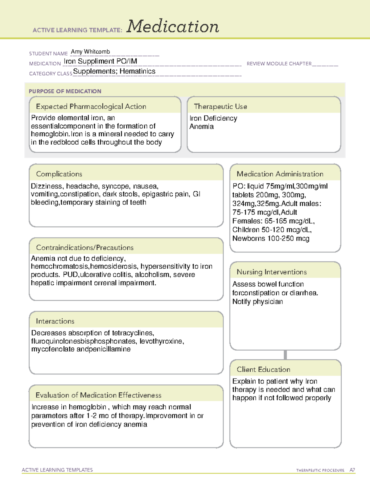 ATI Iron Suppliment Medication Sheet - ACTIVE LEARNING TEMPLATES ...