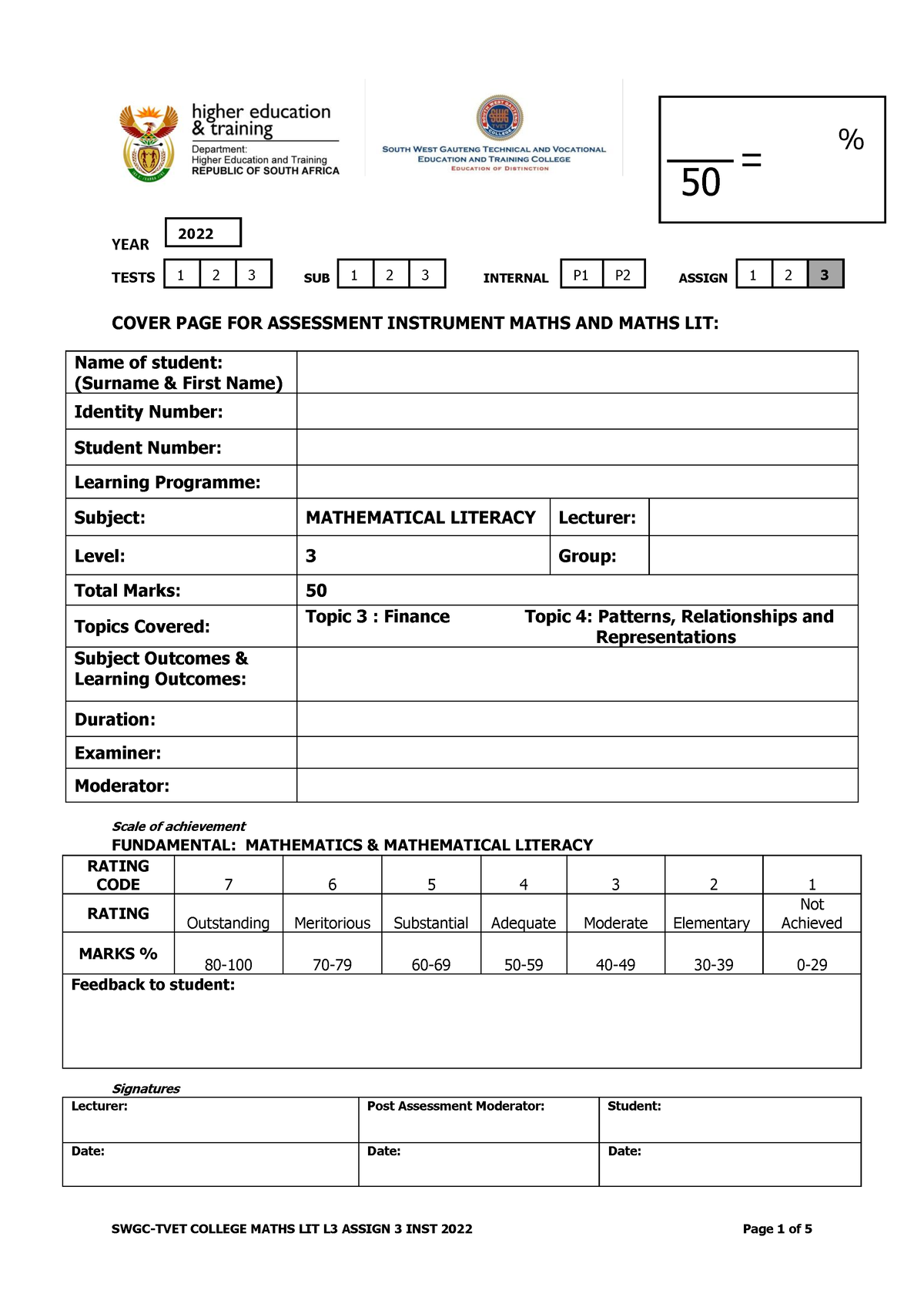 Maths Lit L3 Assignment 3 Instrument 2022 - YEAR TESTS SUB INTERNAL ...