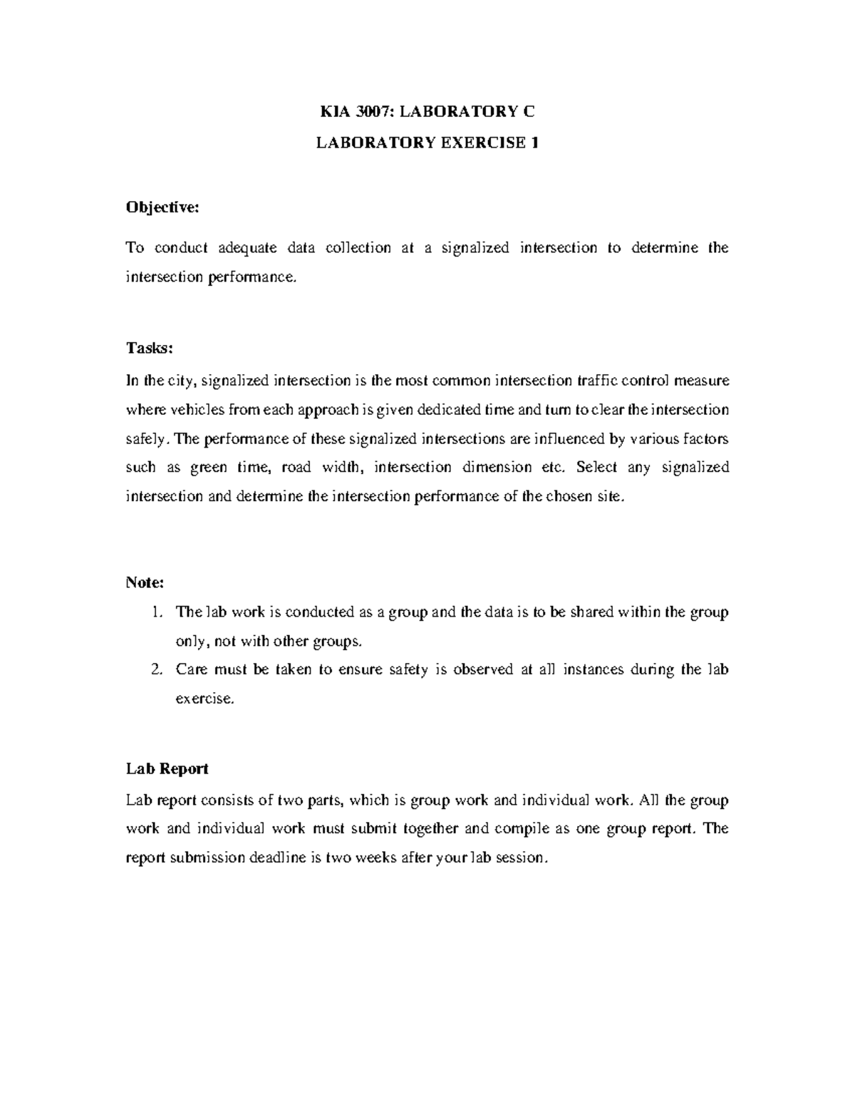 Lab 1 OEL TRAFFIC LAB OEL 1 KIA 3007 LABORATORY C LABORATORY