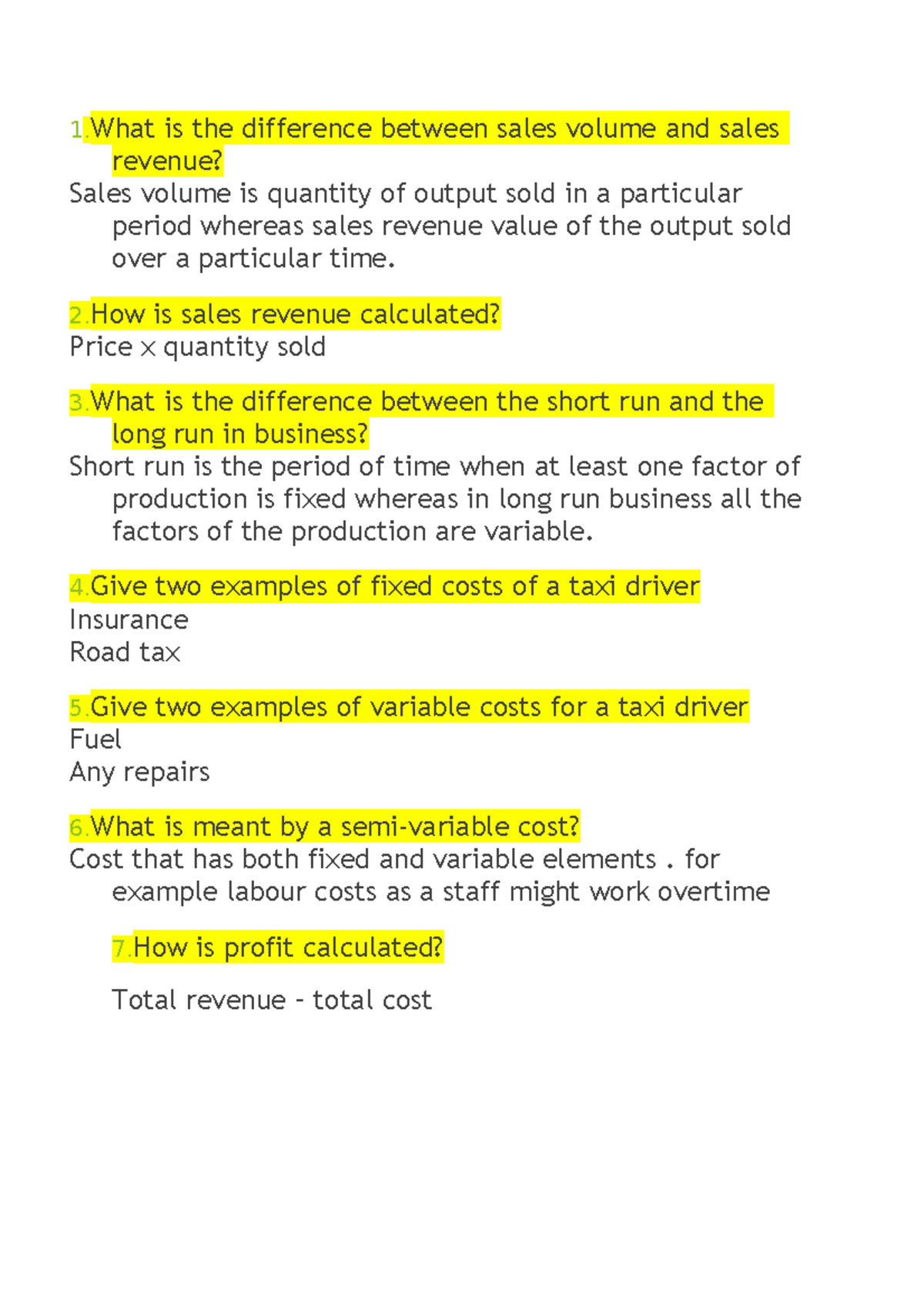 Sales revenue and costs 1 .What is the difference between sales
