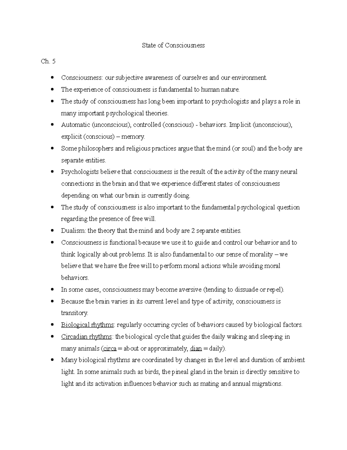 PSYC 1000 Ch. 5 Lecture Notes - State of Consciousness Ch. 5 ...