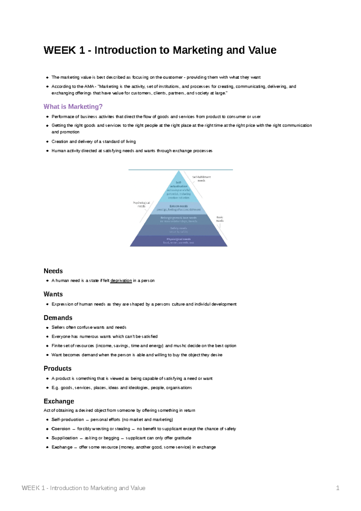 MKF1100 - Week 1 Notes - WEEK 1 - Introduction to Marketing and Value 1 ...