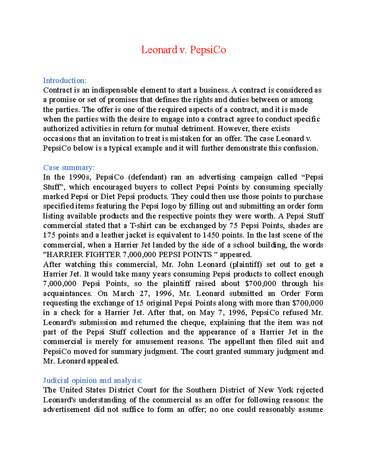 BLAW Assignment - Leonard v. PepsiCo Introduction: Contract is an ...