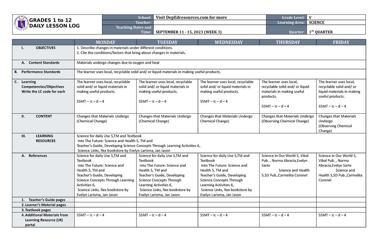 DLL Science 5 Q1 W3 - daily lesson log - GRADES 1 to 12 DAILY LESSON ...