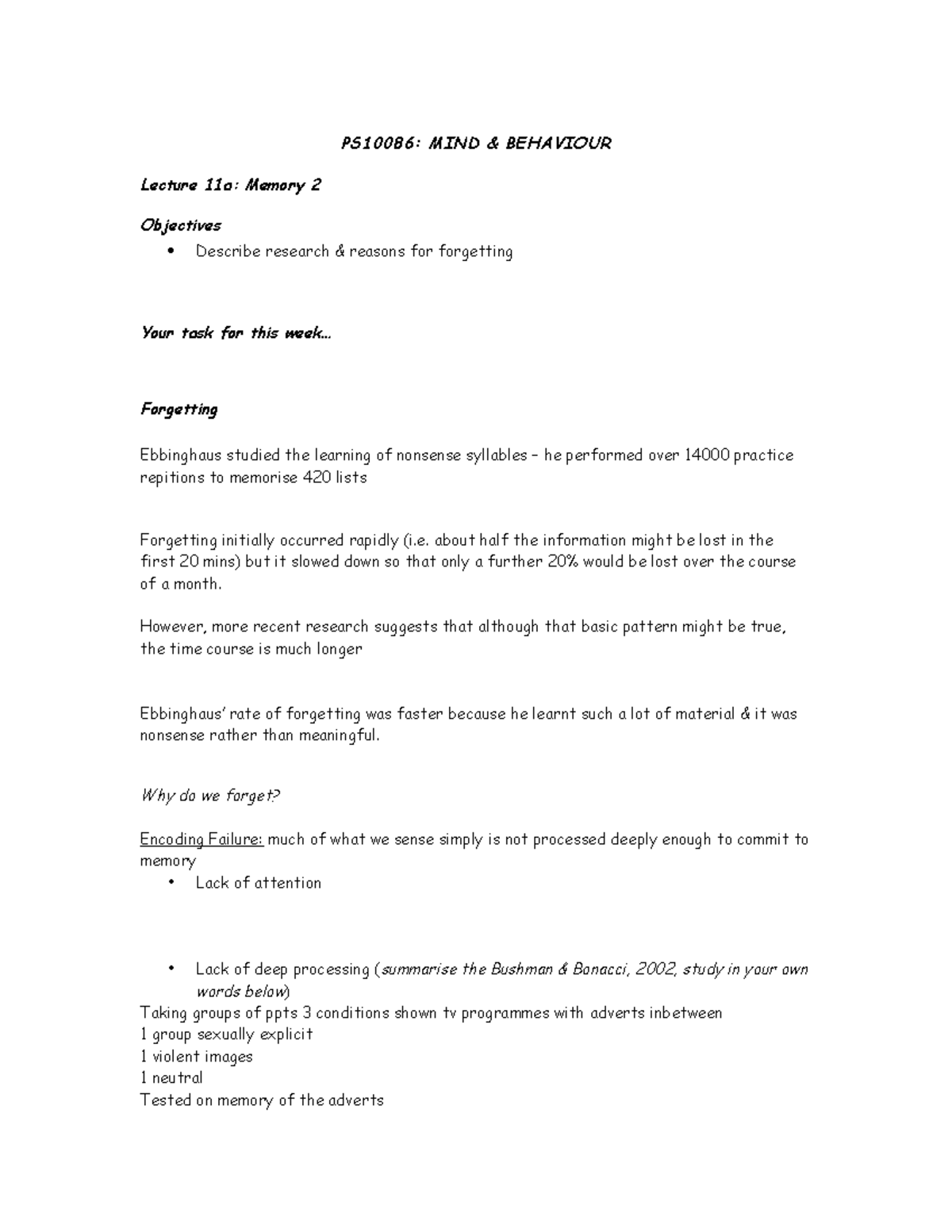 Completed Handout For Lecture 11a Ian Memory Ps10086 Mind Completed Handout For Lecture 11a Ian Memory Ps10086 Mind