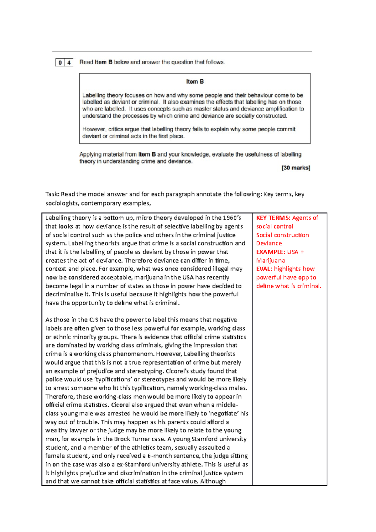 Labelling Theory + Crime Model Answer - Task: Read the model answer and ...