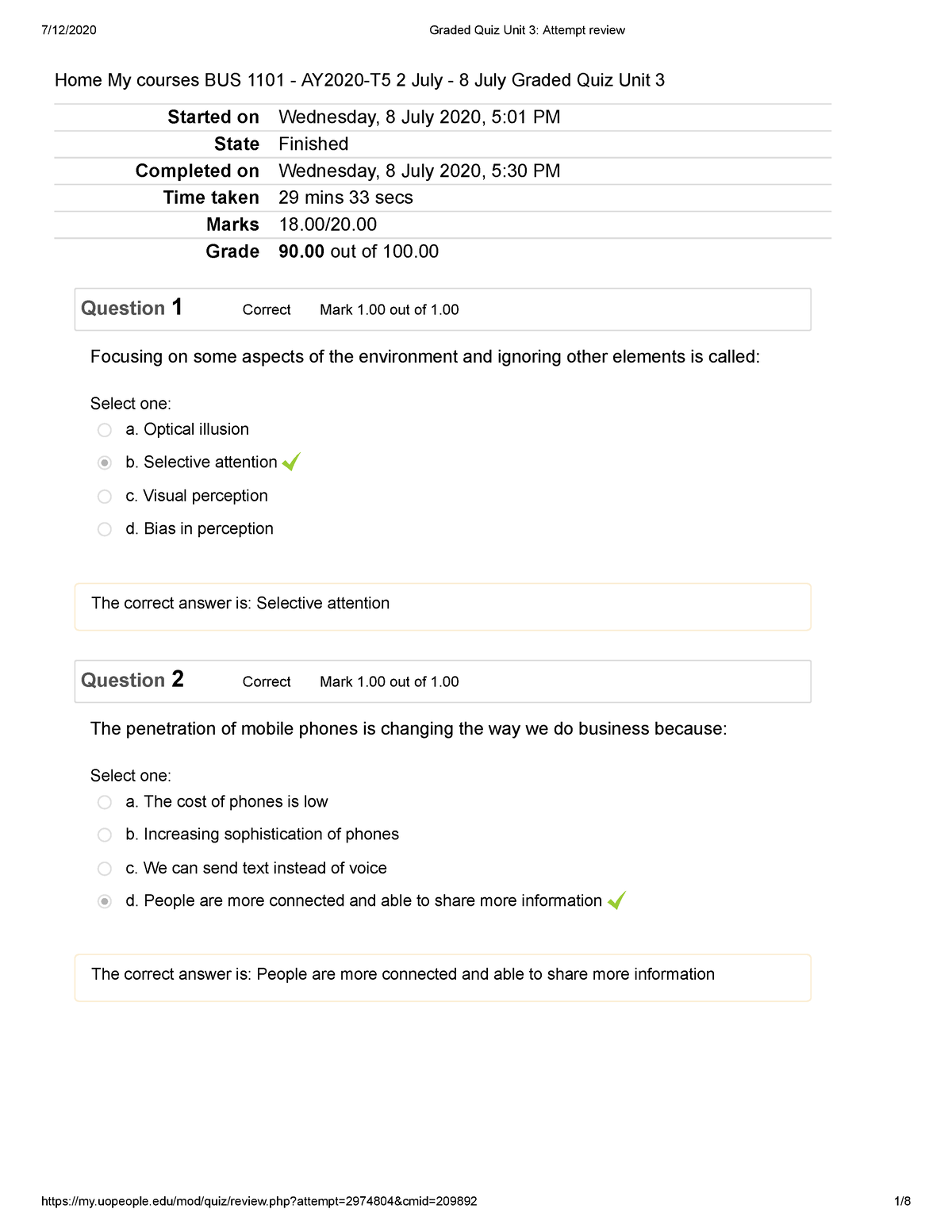 BUS 1101 - Graded Quiz Unit 3 & 8 - Started On Wednesday, 8 July 2020 ...