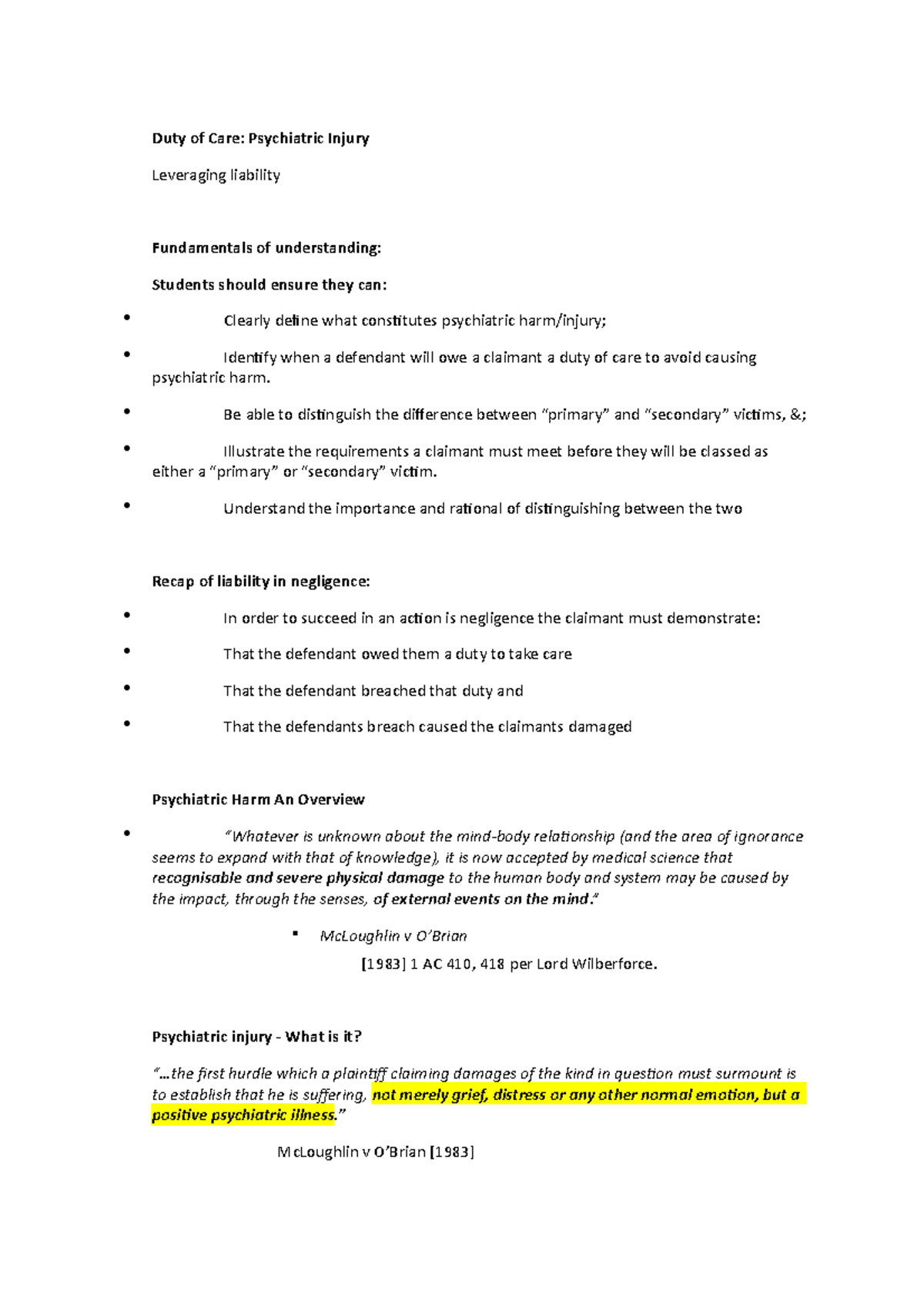 Psychiatric Injury Lecture Notes Full - Duty Of Care: Psychiatric ...