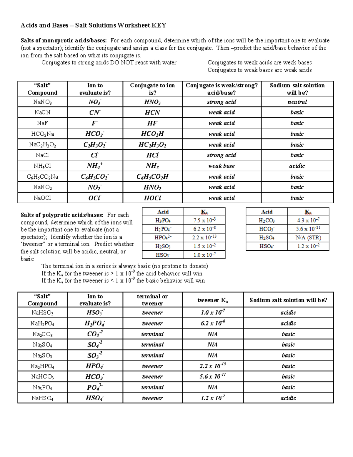 Acid Base Salts WKS KEY - Dr. F - StuDocu In Acid And Bases Worksheet Answers