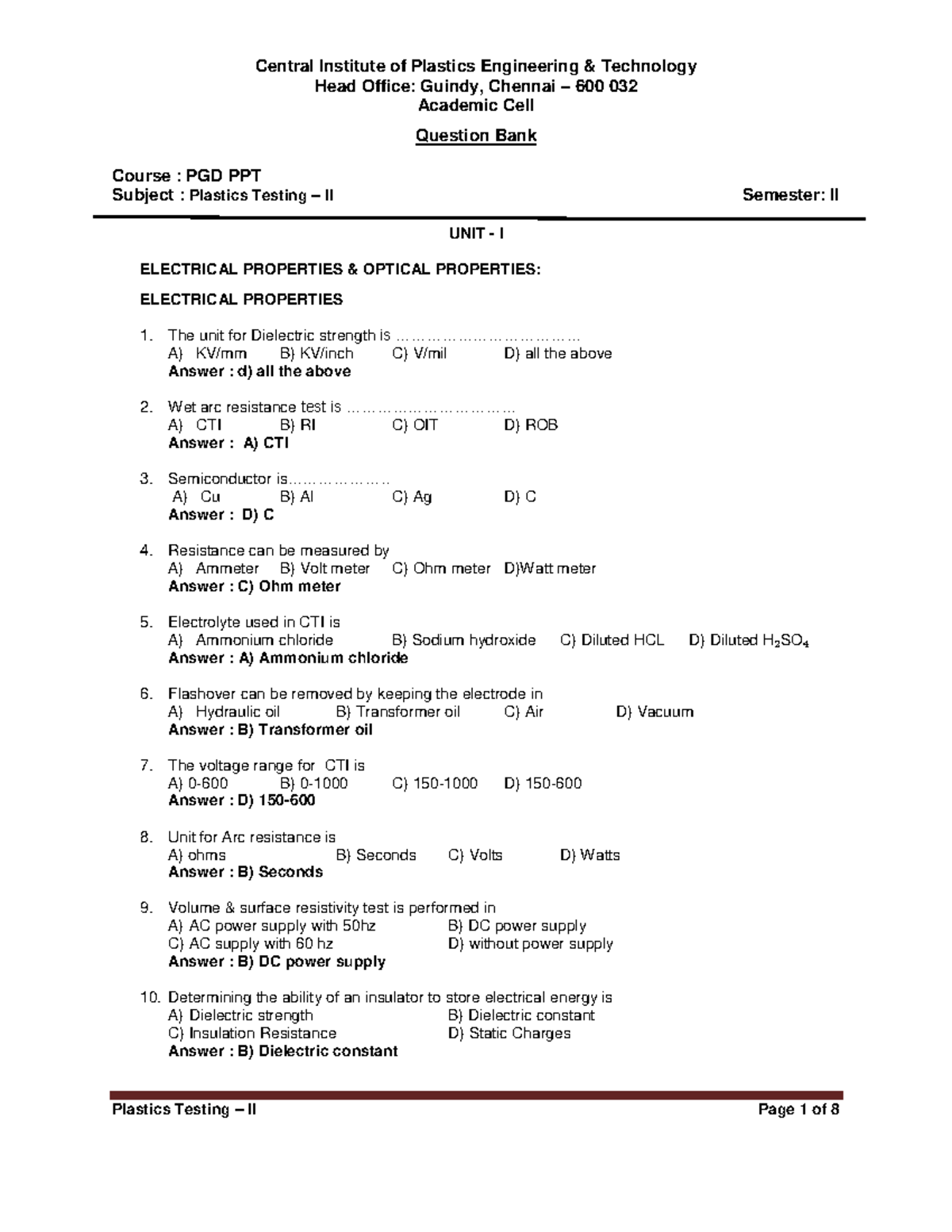 PPTII Plastics Testing II Central Institute of Plastics