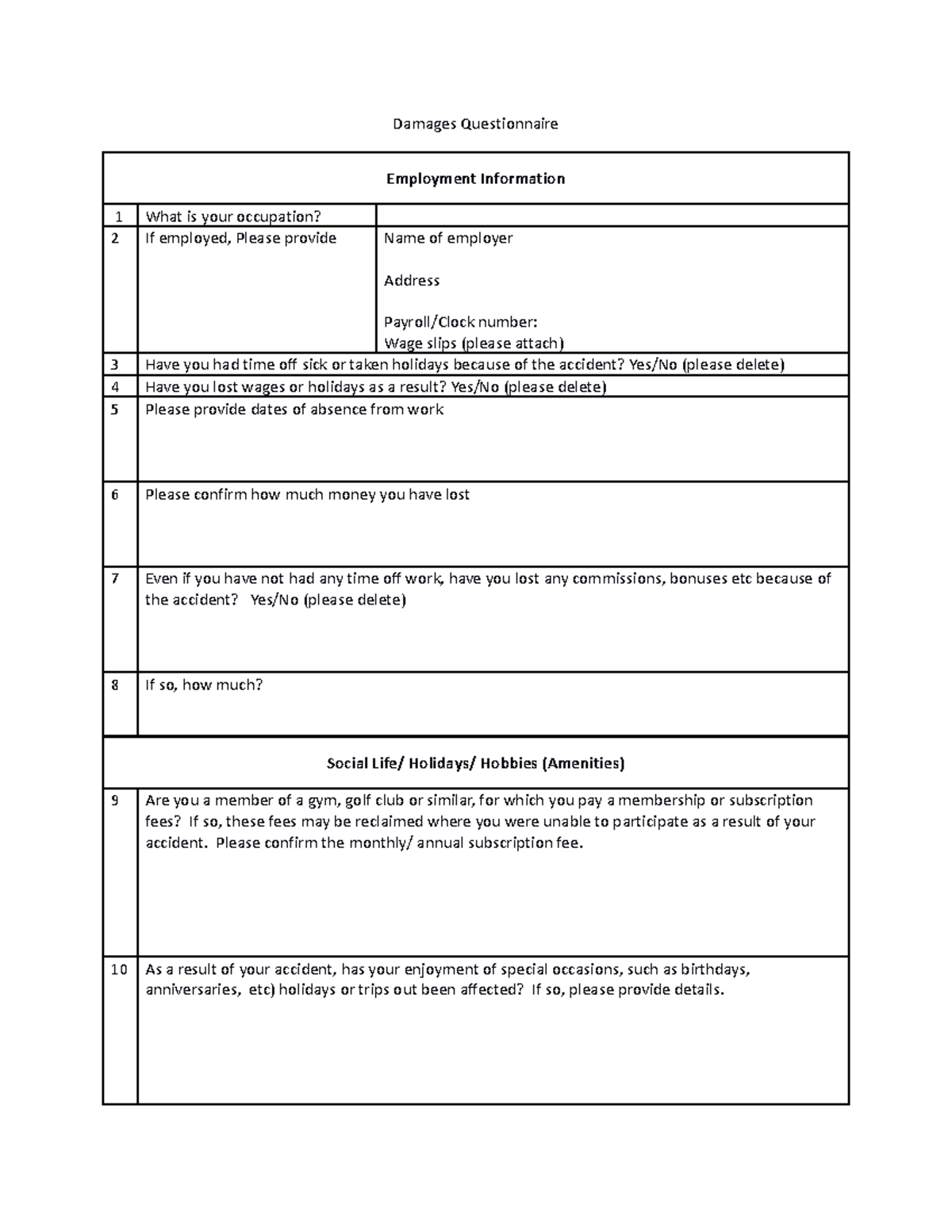 DQ DIRECTIONS QUESTIONNAIRE FOR COURT Damages Questionnaire
